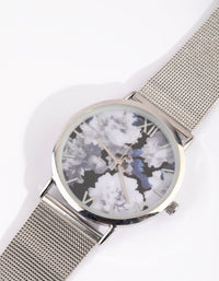 Silver Floral Mesh Strap Watch - link has visual effect only