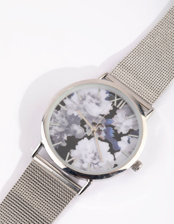 Silver Floral Mesh Strap Watch