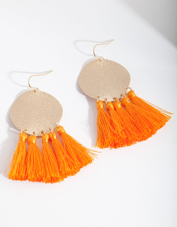 Orange Gold Circle Tassel Earrings