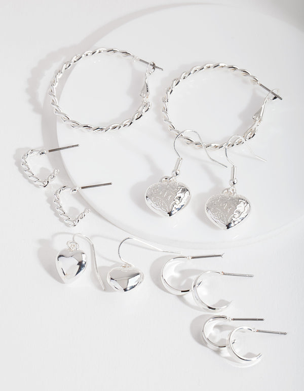 Silver Mixed Heart Earring 6-Pack