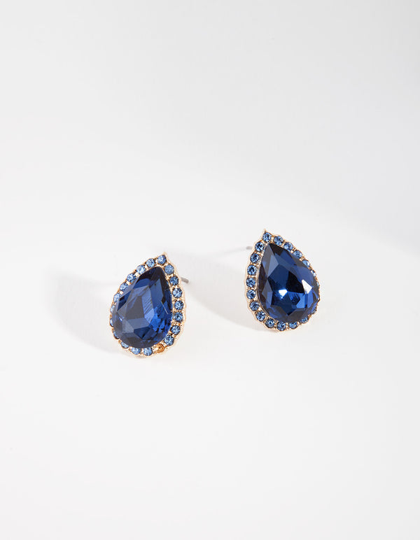 Gunmetal Blue Teardrop Halo Stud Earrings