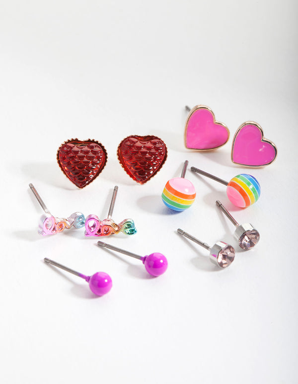 Kids Multicoloured Love Heart Earring 6-Pack