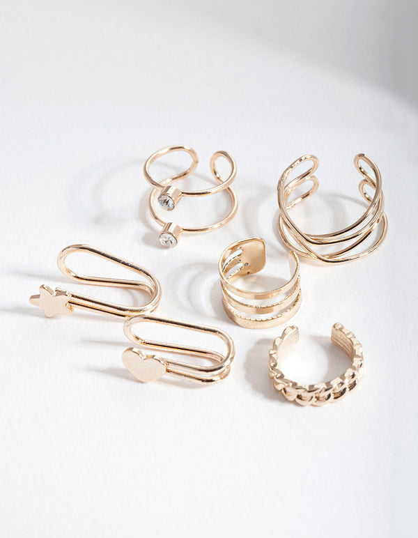 Gold Mixed Texture Ear Cuff 6-Pack