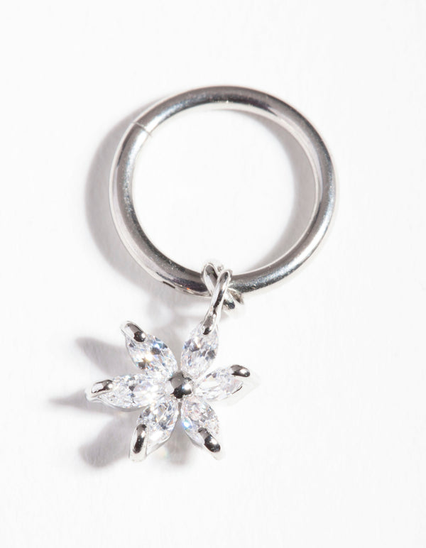 Rhodium Surgical Steel Cubic Zirconia Flower Charm Clicker