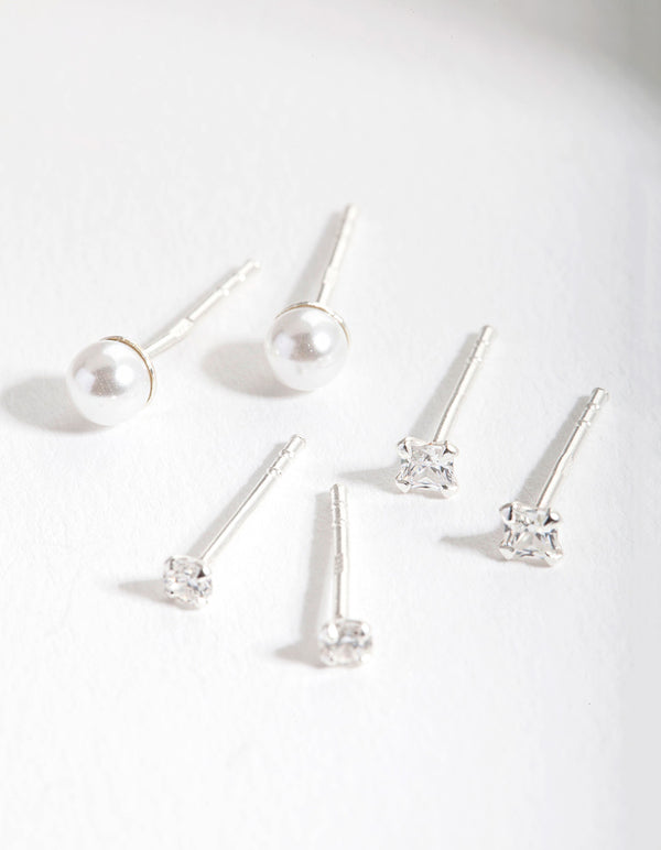 Sterling Silver Cubic Zirconia Pearl Stud Earring Pack