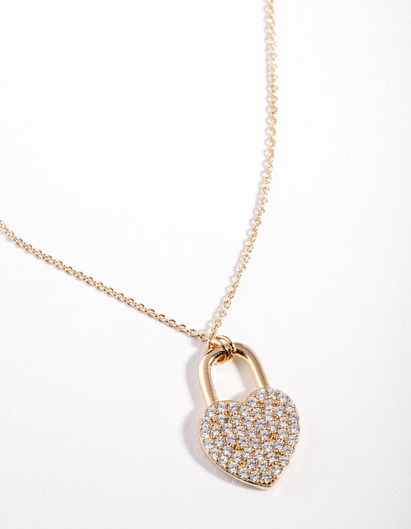 Gold Plated Sterling Silver Pave Love Heart Lock Necklace