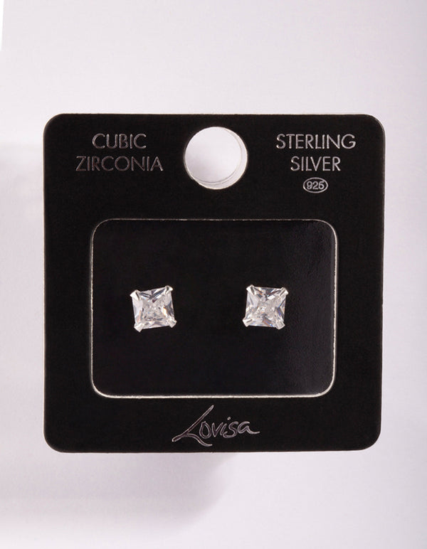 Sterling Silver Cubic Zirconia 4-Claw Square Stud Earrings