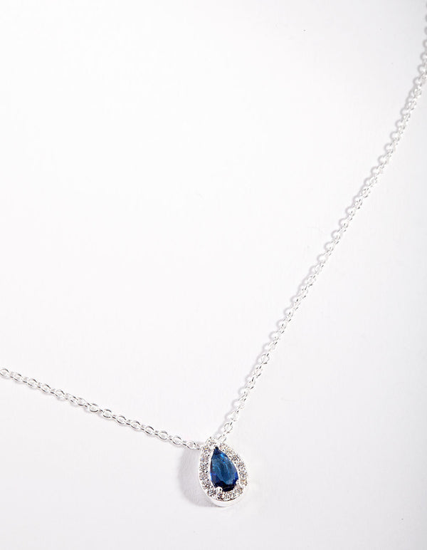 Sterling Silver Cubic Zirconia Blue Pear Halo Necklace