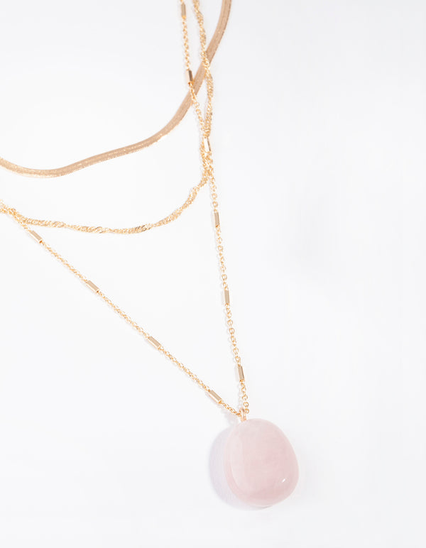 Gold Flat Chain Rose Quartz Stone Layered Necklace