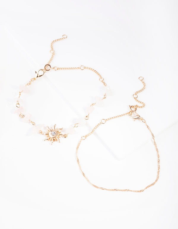 Gold Sun Pink Rose Quartz Stone Anklet