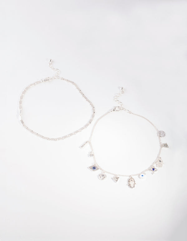 Silver Evil Eye Charm Anklet Set