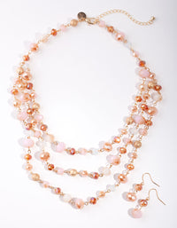 Gold Pink Facet Bead 3 Row Necklace & Earrings Set - link has visual effect only