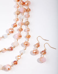 Gold Pink Facet Bead 3 Row Necklace & Earrings Set - link has visual effect only