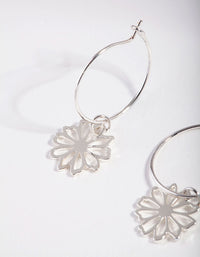 Silver Dainty Flower Charm Hoop Earrings - link has visual effect only