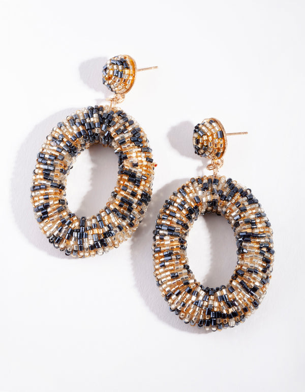 Gold & Navy Oval Bead Earrings