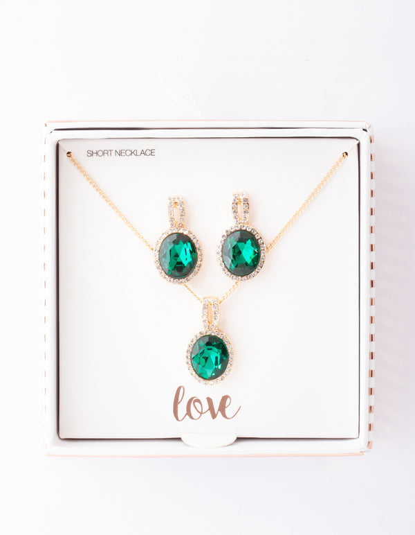 Gold Green Halo Necklace & Earrings Set