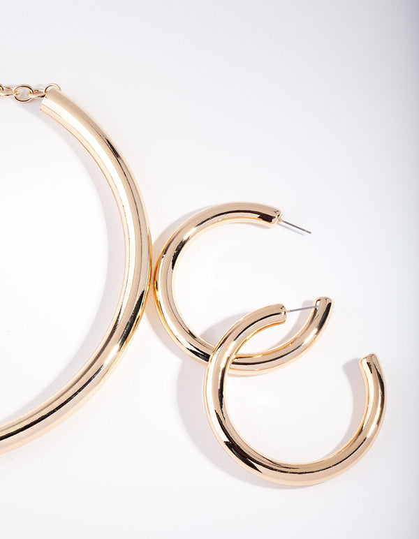 Gold Tube Hoop & Necklace Set