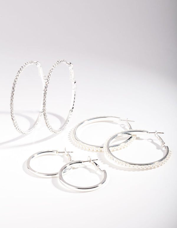 Silver Diamante & Pearl Hoop Earring Pack