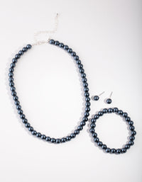 Silver Classic Navy Pearl Earrings, Bracelet & Necklace Set - link has visual effect only