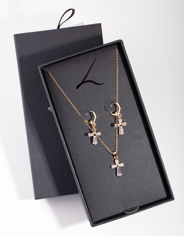 Gold Cross Necklace & Earrings