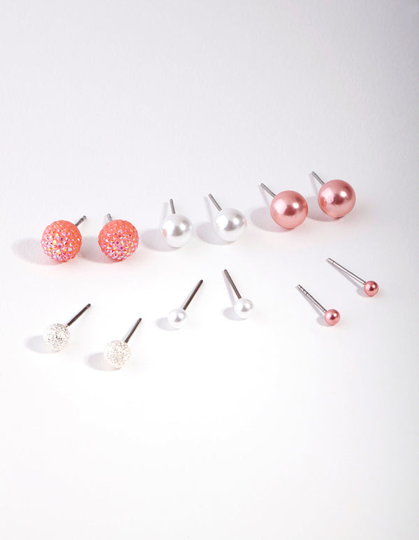 Kids Silver Pink Pearl Stud Earring 6-Pack