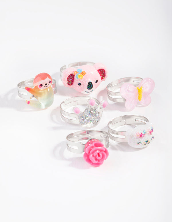 Kids Silver Sloth & Koala Ring 6-Pack