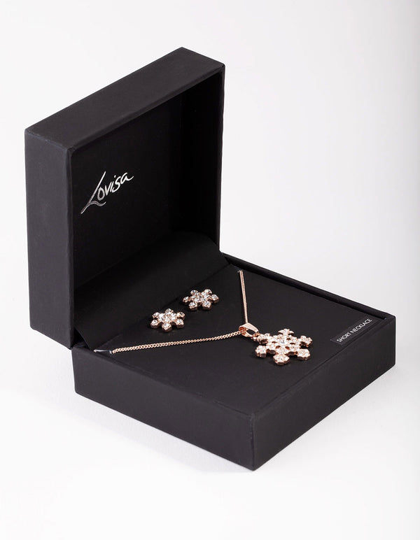 Rose Gold Diamante Snowflake Necklace & Earrings