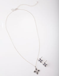 Silver Flower Diamante Stone Necklace & Earrings Set - link has visual effect only