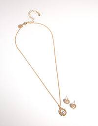 Gold Oval Pearl Diamante Necklace & Earrings Set - link has visual effect only