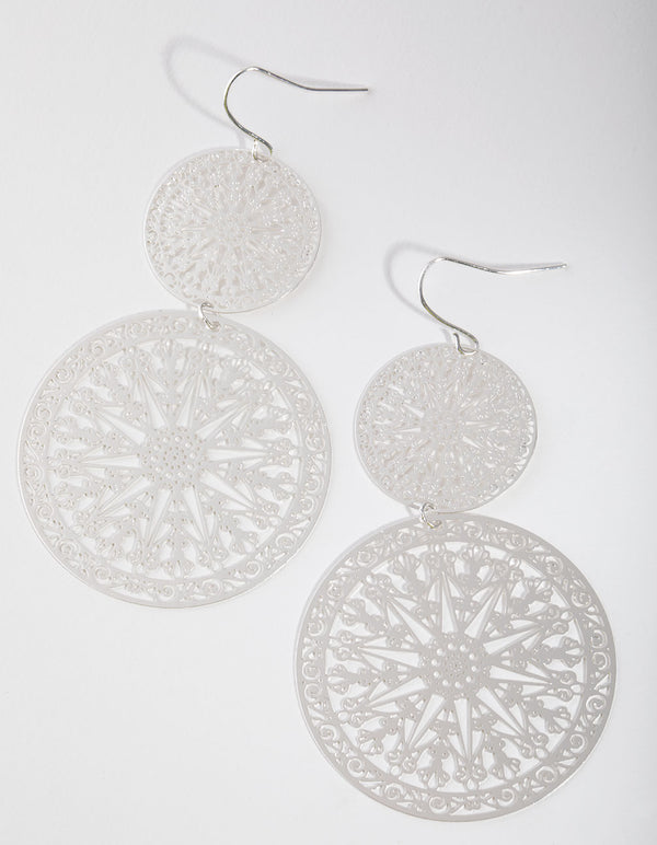 Silver Ornate Disc Drop Earrings