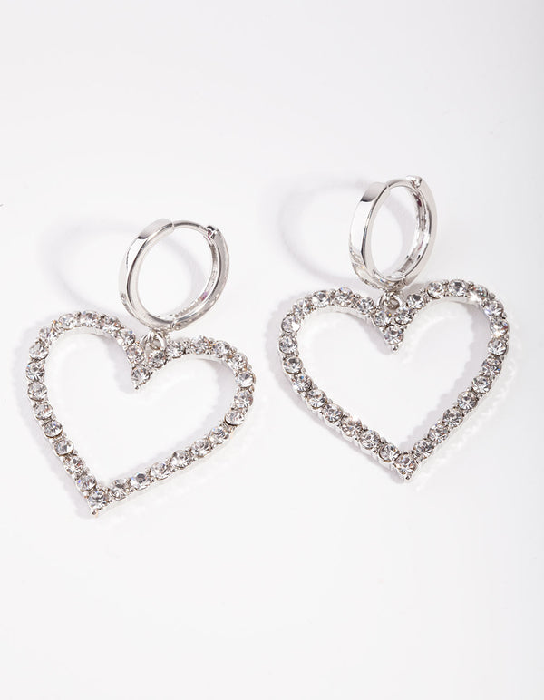 Silver Diamond Heart Huggie Earrings