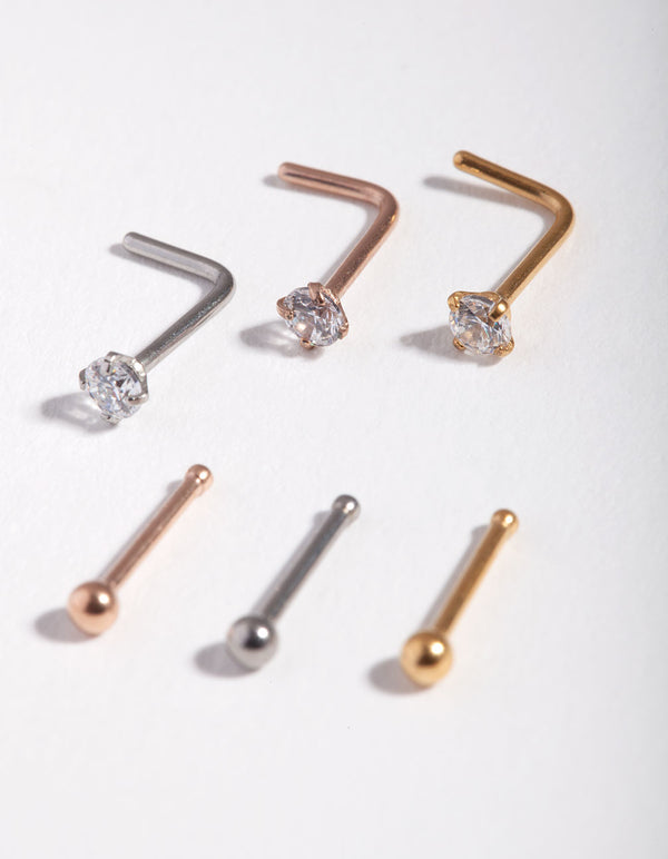 Mixed Metal Cubic Zirconia Nose Stud 6-Pack