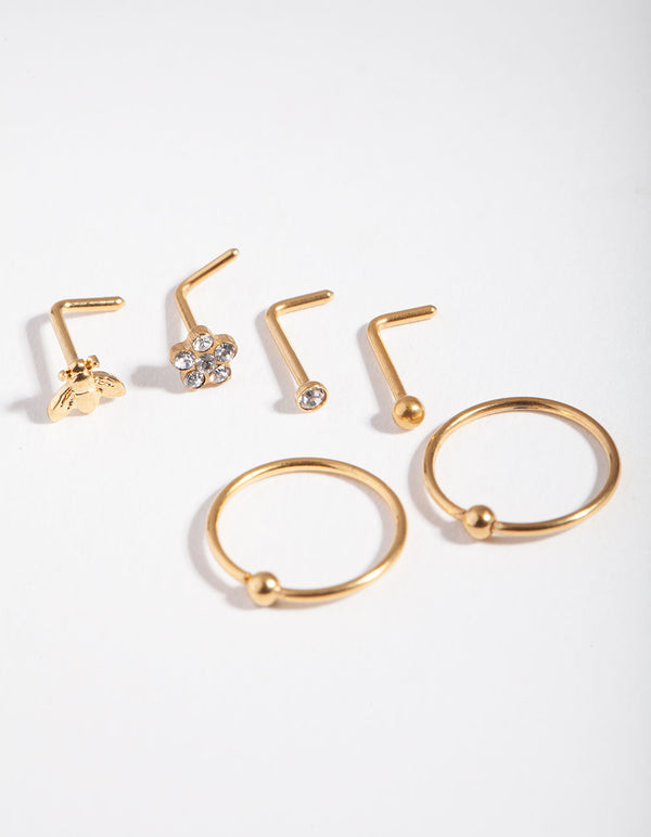 Gold Surgical Steel Flower & Bee Nose Stud 6-Pack