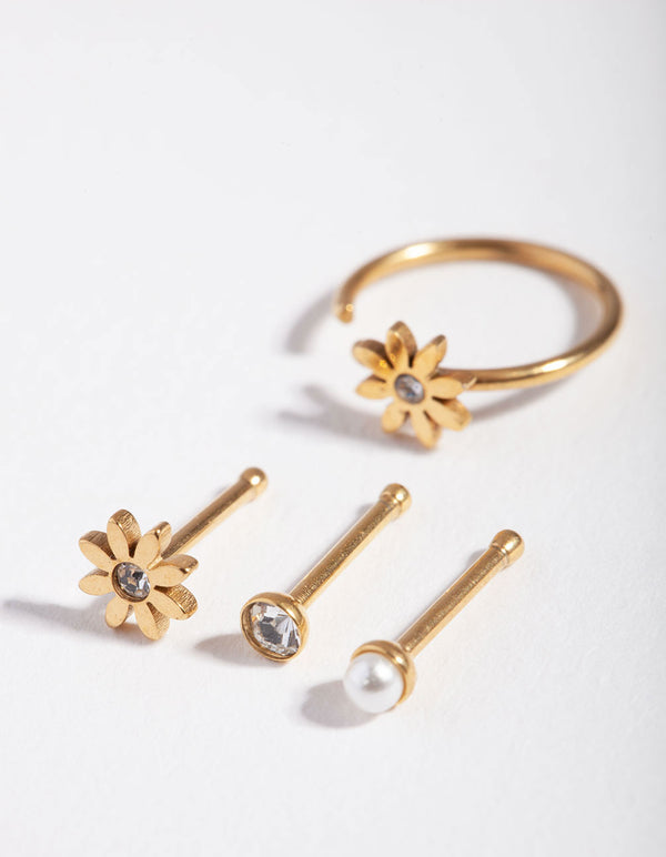 Surgical Steel Gold Flower Pearl Nose Stud 4-Pack