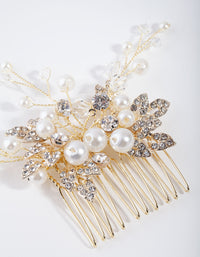 Gold Metal Leaf Diamante Pearl Comb - link has visual effect only