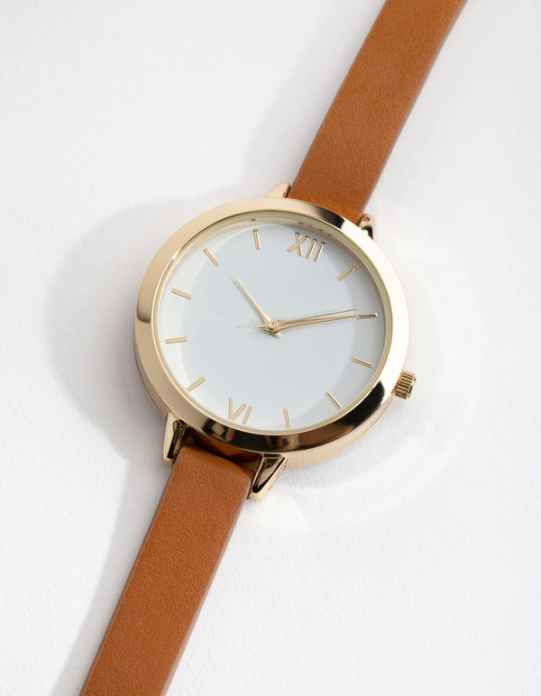 Tan Simple Face PU-Strap Watch