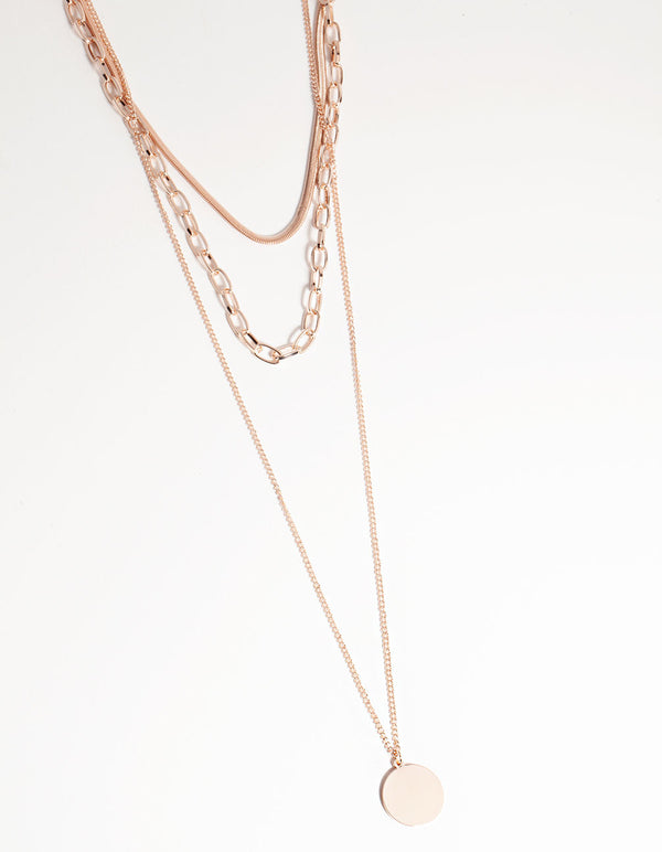 Rose Gold Long Circle Disc 3-Row Necklace