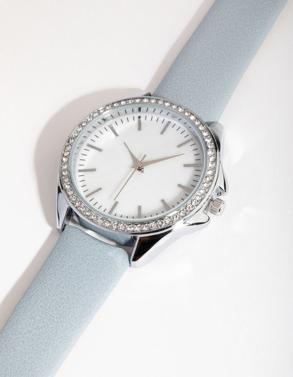 Silver Diamante Bezel Mother of Pearl PU Strap Watch