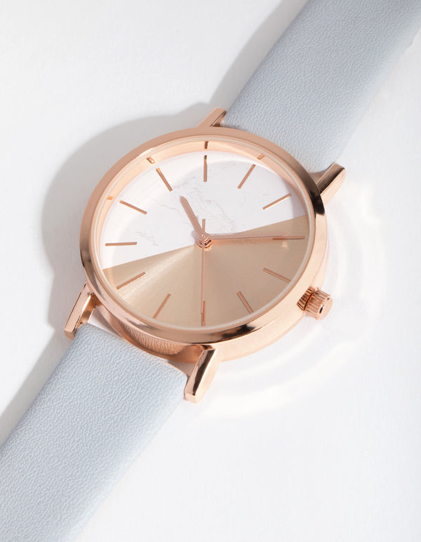 Rose Gold Half Marble Dial PU Strap Watch