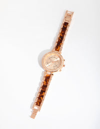 Rose Gold Tortoiseshell Bling Link Strap Watch - link has visual effect only