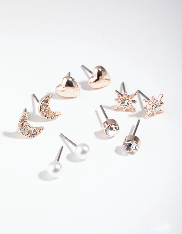 Rose Gold Star & Moon 5-Pack Stud Earring