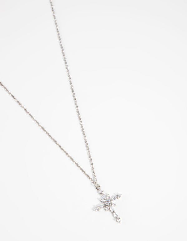 Silver Decorated Cross Pendant Necklace