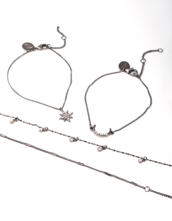 Gunmetal Star & Moon 4-Pack Bracelet & Anklet Pack