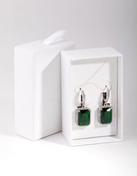 Silver Diamond Simulant Emerald Rectangle Huggie Earrings - link has visual effect only