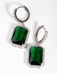 Silver Diamond Simulant Emerald Rectangle Huggie Earrings - link has visual effect only