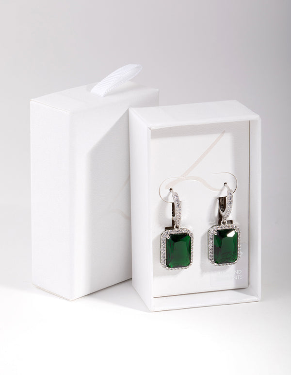 Silver Diamond Simulant Emerald Rectangle Huggie Earrings