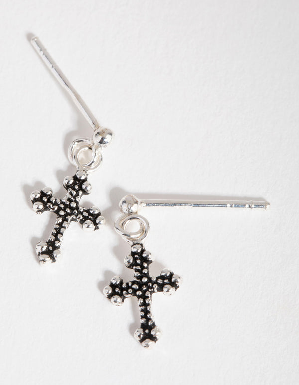 Sterling Silver Antique Cross Drop Earrings