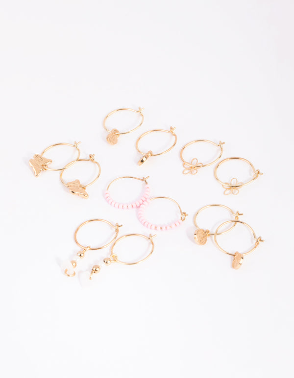 Gold Flower Bead Hoop Earring 6-Pack