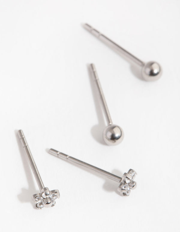 Surgical Steel Flower & Ball Pack Stud Earrings