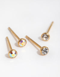 24 Carat Gold Plated Surgical Steel Diamante Bezel Pack Stud Earrings - link has visual effect only